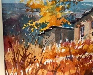 Original Art Watercolor Santa Fe Home on Hill by Cletus Smith 1987 Frame: 22 x 29.5in <BR>Image: 14.5 x 21in