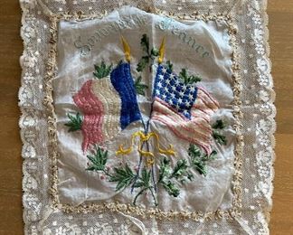 Antique WWI Souvenir de France Sweetheart Handkerchief 12x11.5in