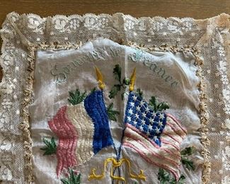 Antique WWI Souvenir de France Sweetheart Handkerchief 12x11.5in