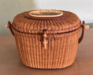 Vintage Barlow Nantucket Basket Quail Scrimshaw 7x10x7in HxWxD