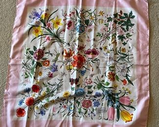 1960s Gucci V. Accornero Silk Scarf Floral Print Pink Boarder 34x34in