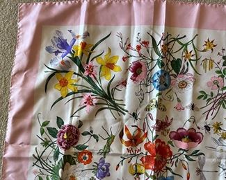 1960s Gucci V. Accornero Silk Scarf Floral Print Pink Boarder 34x34in