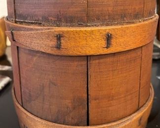 Antique Firkin Sugar Bucket W/ Lid, Rich Patina, 7.5 tall 8.25 diameter 7.5 in. tall 8.25 diameter