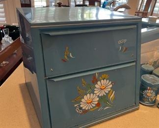 Vintage 1950s Ransburg Metal Dryer / Bread Box / Pie Safe Rare Blue hand painted flowers 11.75 x 12 x 12.75