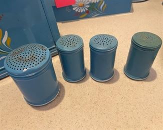 Vintage Ransburg Rare blue floral hand painted salt and pepper shakers set of 4 4in
