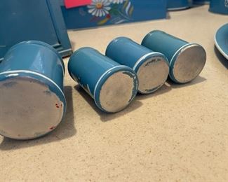 Vintage Ransburg Rare blue floral hand painted salt and pepper shakers set of 4 4in