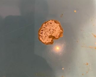 RANSBURG VINTAGE CAKE CADDY/CARRIER RARE BLUE WITH HAND PAINTED FLOWERS 6. 5 x 16“ diameter