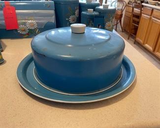 RANSBURG VINTAGE CAKE CADDY/CARRIER RARE BLUE WITH HAND PAINTED FLOWERS 6. 5 x 16“ diameter