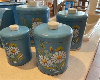 Vintage Tin Nesting Canister Lot Ransburg Metal 4 Pc Rare Blue Mid Century