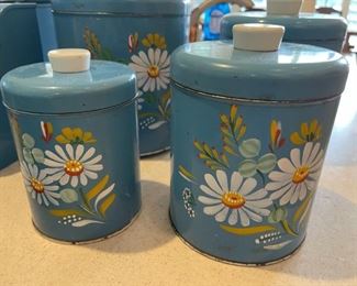 Vintage Tin Nesting Canister Lot Ransburg Metal 4 Pc Rare Blue Mid Century