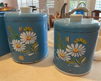 Vintage Tin Nesting Canister Lot Ransburg Metal 4 Pc Rare Blue Mid Century