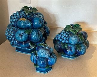 Vintage Inarco ,Mood Indigo, Blue Majolica Fruit jars/Cookie Jars Candy Dish with Lid. Set Of 3 Largest jar 9 inches tall 8.5 inches diameter smallest jar 4.5 inches tall 5 inches diameter