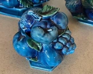 Vintage Inarco ,Mood Indigo, Blue Majolica Fruit jars/Cookie Jars Candy Dish with Lid. Set Of 3 Largest jar 9 inches tall 8.5 inches diameter smallest jar 4.5 inches tall 5 inches diameter