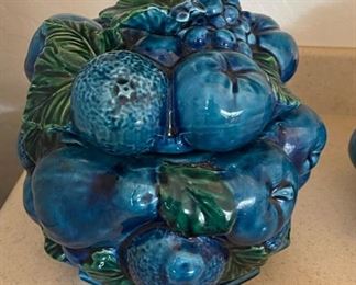 Vintage Inarco ,Mood Indigo, Blue Majolica Fruit jars/Cookie Jars Candy Dish with Lid. Set Of 3 Largest jar 9 inches tall 8.5 inches diameter smallest jar 4.5 inches tall 5 inches diameter