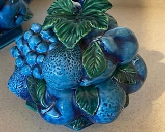 Vintage Inarco ,Mood Indigo, Blue Majolica Fruit jars/Cookie Jars Candy Dish with Lid. Set Of 3 Largest jar 9 inches tall 8.5 inches diameter smallest jar 4.5 inches tall 5 inches diameter