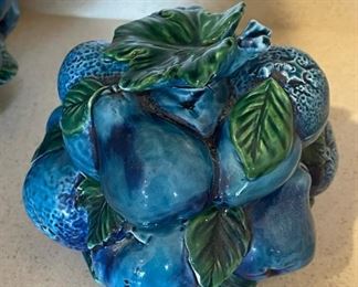 Vintage Inarco ,Mood Indigo, Blue Majolica Fruit jars/Cookie Jars Candy Dish with Lid. Set Of 3 Largest jar 9 inches tall 8.5 inches diameter smallest jar 4.5 inches tall 5 inches diameter