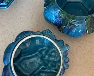 Vintage Inarco ,Mood Indigo, Blue Majolica Fruit jars/Cookie Jars Candy Dish with Lid. Set Of 3 Largest jar 9 inches tall 8.5 inches diameter smallest jar 4.5 inches tall 5 inches diameter