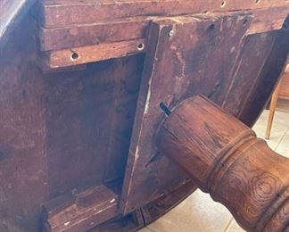 Old wooden oak round dining room table with 6 chairs Table 30 inches high 41.5 inches in diameter chair seating height 20.5 inches chair with 17 inches