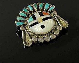 Zuni Sun Face Brooch Pin Silver Turquoise Coral Jet MOP Signed RTI Zuni Inlay Sunface Native American 28x30mm
