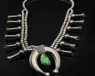 Old Pawn Navajo Squash Blossom Sand Cast Silver & Turquoise Native American Necklace Tufa Length: 27in Long<BR>Naja: 2.5x2.5in