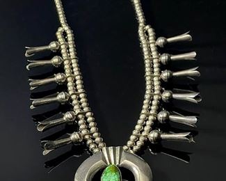 Old Pawn Navajo Squash Blossom Sand Cast Silver & Turquoise Native American Necklace Tufa Length: 27in Long<BR>Naja: 2.5x2.5in