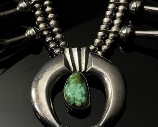 Old Pawn Navajo Squash Blossom Sand Cast Silver & Turquoise Native American Necklace Tufa Length: 27in Long<BR>Naja: 2.5x2.5in