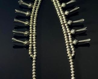 Old Pawn Navajo Squash Blossom Sand Cast Silver & Turquoise Native American Necklace Tufa Length: 27in Long<BR>Naja: 2.5x2.5in