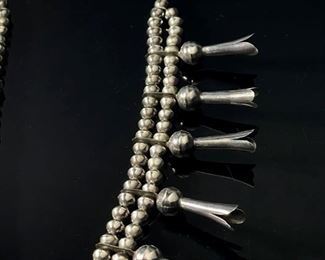 Old Pawn Navajo Squash Blossom Sand Cast Silver & Turquoise Native American Necklace Tufa Length: 27in Long<BR>Naja: 2.5x2.5in