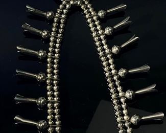 Old Pawn Navajo Squash Blossom Sand Cast Silver & Turquoise Native American Necklace Tufa Length: 27in Long<BR>Naja: 2.5x2.5in