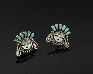 Zuni Sun Face Earrings Silver Turquoise Coral Jet MOP Signed RTI Zuni Inlay Sunface Clip-on Native American 20x22mm