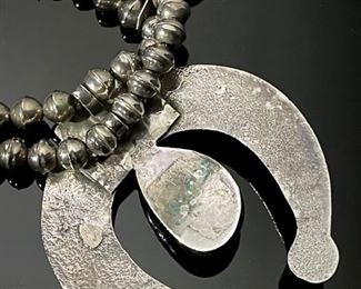 Old Pawn Navajo Squash Blossom Sand Cast Silver & Turquoise Native American Necklace Tufa Length: 27in Long<BR>Naja: 2.5x2.5in