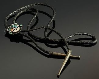 Zuni Sun Face Bolo Tie Silver Turquoise Coral Jet MOP Inlay Sunface Native American Surface: 31x28mm