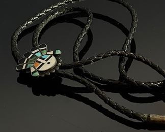 Zuni Sun Face Bolo Tie Silver Turquoise Coral Jet MOP Inlay Sunface Native American Surface: 31x28mm