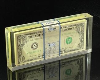 Win With Chrysler 1979 Promotion Dollar Bills Lucite Paperweight $100.00 Plymouth 3.25x7.25x1in