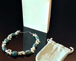 Ross Simons Turquoise Nugget & Pearl Cluster Necklace 19in Long<BR>Turquoise: 22x16mm