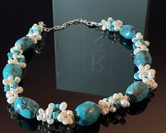 Ross Simons Turquoise Nugget & Pearl Cluster Necklace 19in Long<BR>Turquoise: 22x16mm