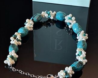 Ross Simons Turquoise Nugget & Pearl Cluster Necklace 19in Long<BR>Turquoise: 22x16mm