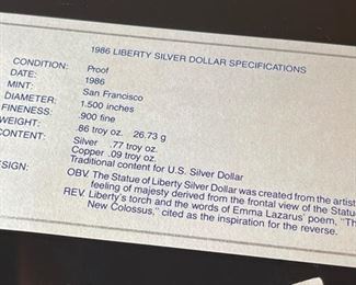 1986 US Liberty Silver Dollar Commemorative Coin Set w/box Box: .5x6x3.5in