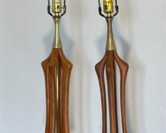 2pc MCM Teak Lamps PAIR Walnut Sculptural Wood Lamps PAIR Danish Modern Cage	35in H x 18 in diameter	
