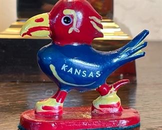 Vintage Cast Iron KU Jayhawk Bird Figurine Paperweight  University Of Kansas Mascot Big Jay C. Downing Casting Co	2.5 inches high	
