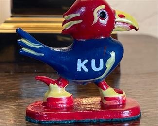 Vintage Cast Iron KU Jayhawk Bird Figurine Paperweight  University Of Kansas Mascot Big Jay C. Downing Casting Co	2.5 inches high	

