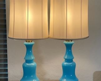 2pc Vintage Blue Glass Curvaceous Lamps PAIR  Edward Alden	28 x 12in diameter	
