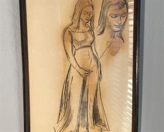 Karl Mattern Original Art Pregnant Woman Sketch Signed To Betty K.M.	Frame: 28.25 x 21.25	
