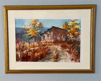 Original Art Watercolor  Santa Fe Home on Hill by Cletus Smith 1987	Frame: 22 x 29.5in <BR>Image: 14.5 x 21in	

