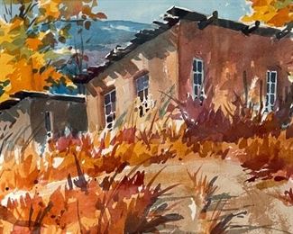 Original Art Watercolor  Santa Fe Home on Hill by Cletus Smith 1987	Frame: 22 x 29.5in <BR>Image: 14.5 x 21in	
