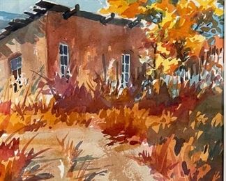 Original Art Watercolor  Santa Fe Home on Hill by Cletus Smith 1987	Frame: 22 x 29.5in <BR>Image: 14.5 x 21in	
