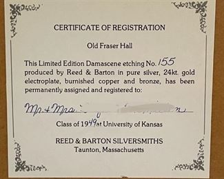 1949 Reed & Barton University of Kansas Old Fraser Hall Damascene Etching Silver UK	11.75 x 14. 75in	
