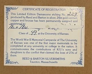 1949 Reed & Barton University of Kansas WWII Memorial Campanite Damascene Etching UK	11.75 x 14. 75in	
