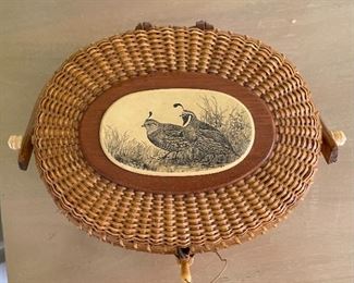 Vintage Barlow Nantucket Basket Quail Scrimshaw	7x10x7in	HxWxD
