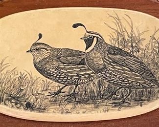 Vintage Barlow Nantucket Basket Quail Scrimshaw	7x10x7in	HxWxD
